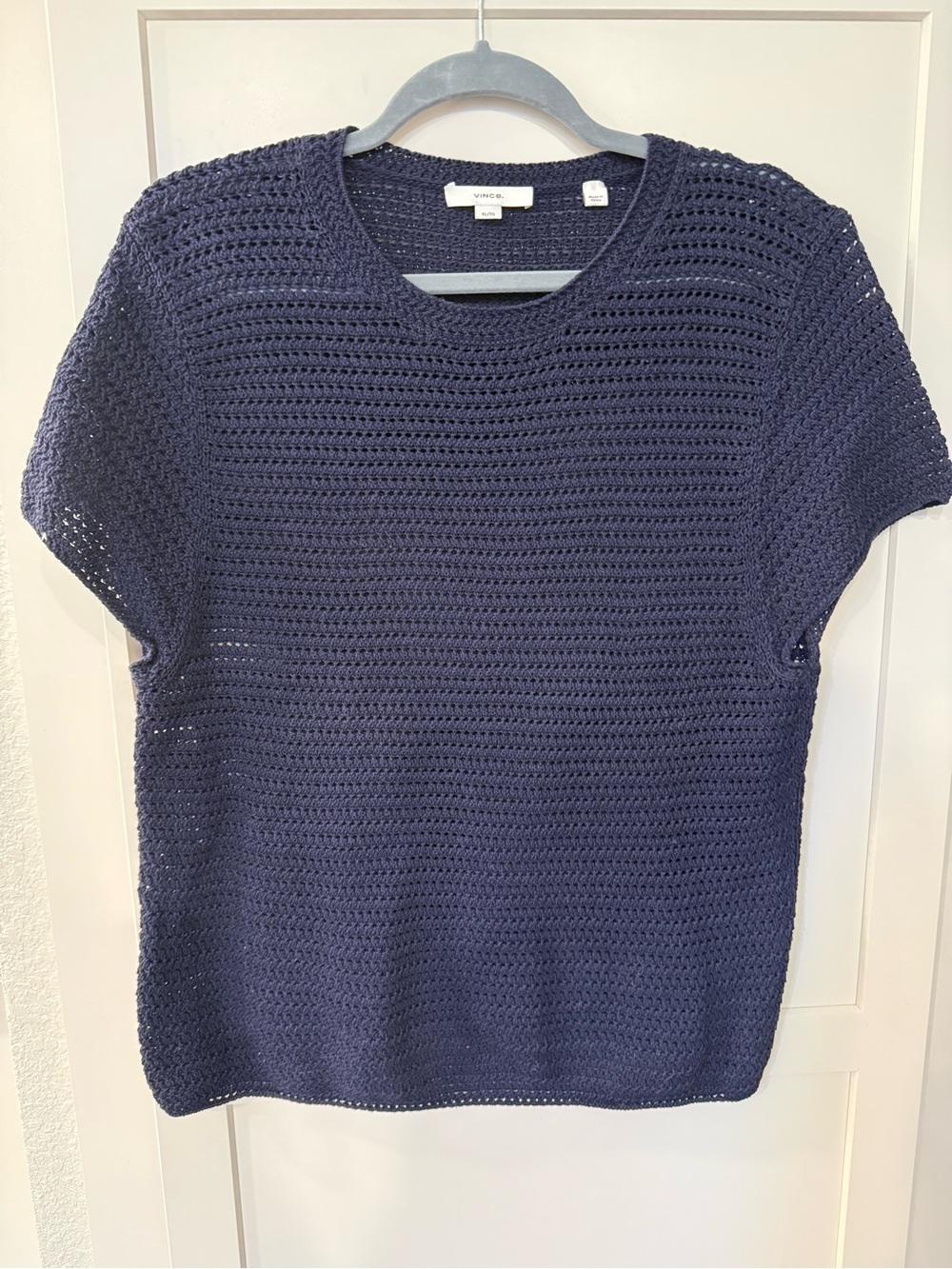 Vince Navy Crochet Short-Sleeve Scoop Neck Sweater